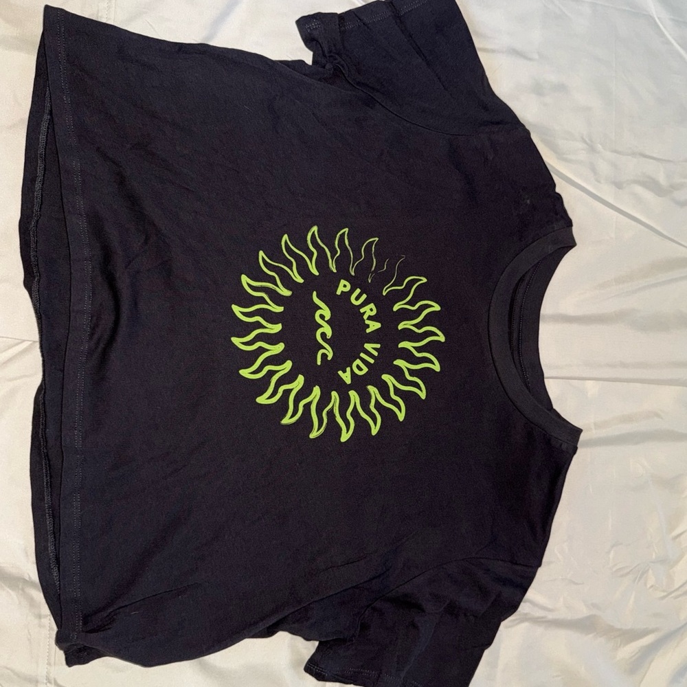 Pura Vida Black Crop Top with Neon Green Sunburst